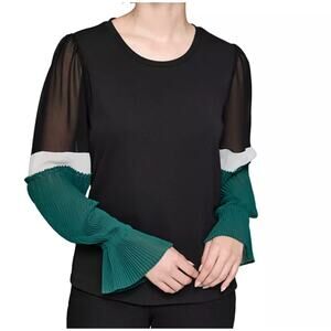 KARL LAGERFELD PARIS Colorblock Pleated Sleeve Top | Sz M, Black, Green NWT